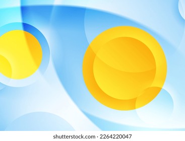 Olas azules y círculos brillantes amarillos abstraen el fondo geométrico. Diseño de vectores