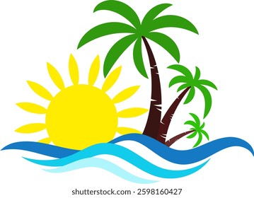 Blue waves, yellow sun and green palm trees. Paradise island design