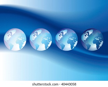 Blue wavy background with globes. Vector illustration.