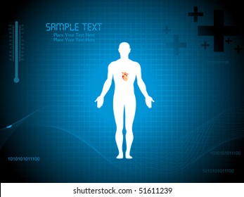 blue wavy background with human silhouette, thermometer