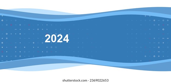 Blue wavy banner with a white 2024 year symbol on the left. On the background there are small white shapes, some are highlighted in red. There is an empty space for text on the right side