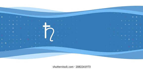 Blue wavy banner with a white astrological saturn symbol on the left. On the background there are small white shapes, some are highlighted in red. There is an empty space for text on the right side