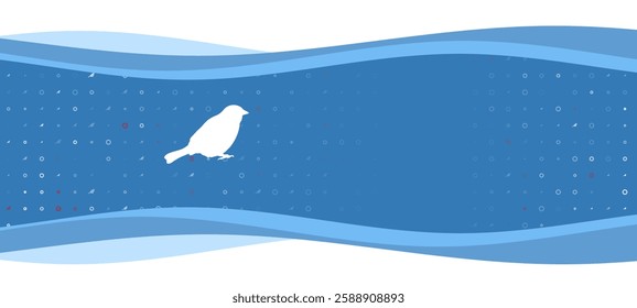 Blue wavy banner with a white bird sparrow symbol on the left. On the background there are small white shapes, some are highlighted in red. There is an empty space for text on the right side