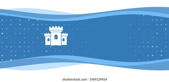 Blue wavy banner with a white castle symbol on the left. On the background there are small white shapes, some are highlighted in red. There is an empty space for text on the right side