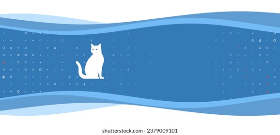 Banner ondulado azul con un símbolo de gato blanco a la izquierda. En el fondo, hay pequeñas formas blancas, algunas de ellas rojas. Hay un espacio vacío para el texto en el lado derecho