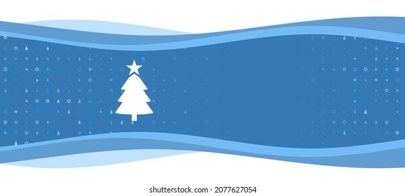Blue wavy banner with a white Christmas tree symbol on the left. On the background there are small white shapes, some are highlighted in red. There is an empty space for text on the right side