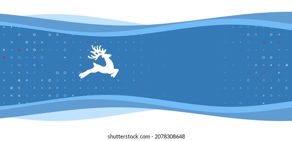 Blue wavy banner with a white Christmas deer symbol on the left. On the background there are small white shapes, some are highlighted in red. There is an empty space for text on the right side