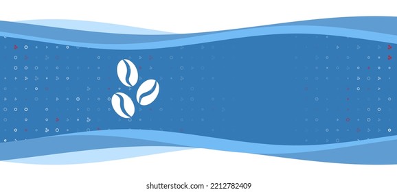 Blue wavy banner with a white coffee beans symbol on the left. On the background there are small white shapes, some are highlighted in red. There is an empty space for text on the right side