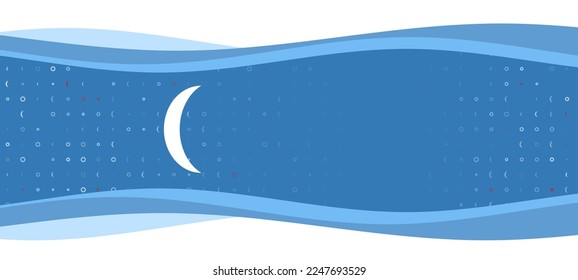 Blue wavy banner with a white crescent symbol on the left. On the background there are small white shapes, some are highlighted in red. There is an empty space for text on the right side
