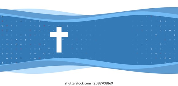 Blue wavy banner with a white cross symbol on the left. On the background there are small white shapes, some are highlighted in red. There is an empty space for text on the right side