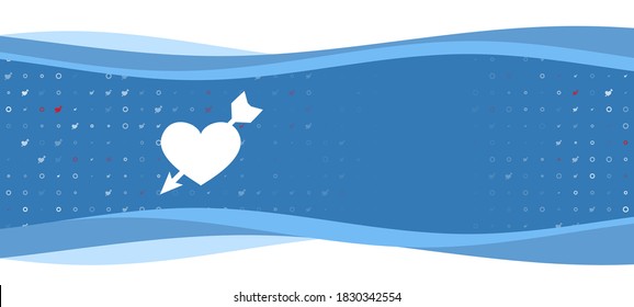 Blue wavy banner with a white cupid arrow symbol on the left. On the background there are small white shapes, some are highlighted in red. There is an empty space for text on the right side
