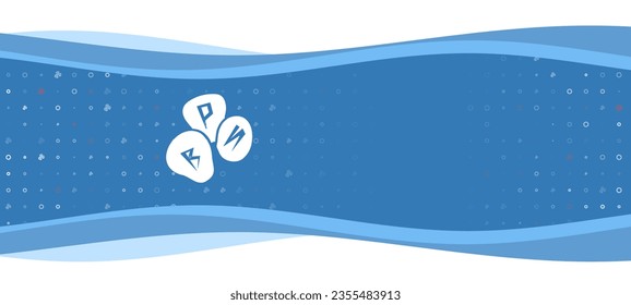 Banner ondulado azul con un símbolo de guijarros de divinidad blanca a la izquierda. En el fondo, hay pequeñas formas blancas, algunas de ellas rojas. Hay un espacio vacío para el texto en el lado derecho