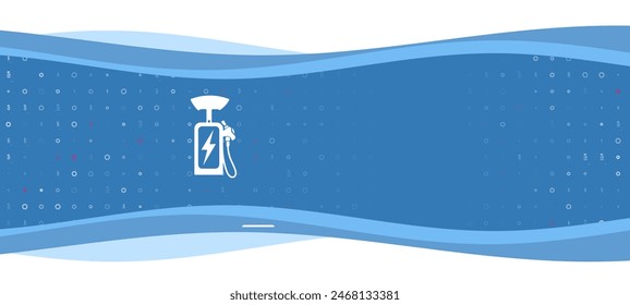 Blue wavy banner with a white electric charging station symbol on the left. On the background there are small white shapes, some are highlighted in red.