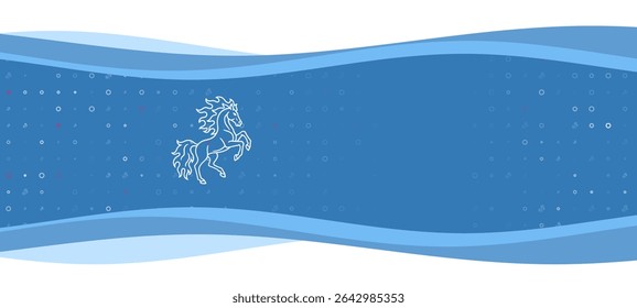 Blue wavy banner with a white fiery horse symbol on the left. On the background there are small white shapes, some are highlighted in red. There is an empty space for text on the right side