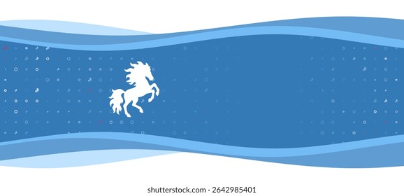 Blue wavy banner with a white fiery horse symbol on the left. On the background there are small white shapes, some are highlighted in red. There is an empty space for text on the right side