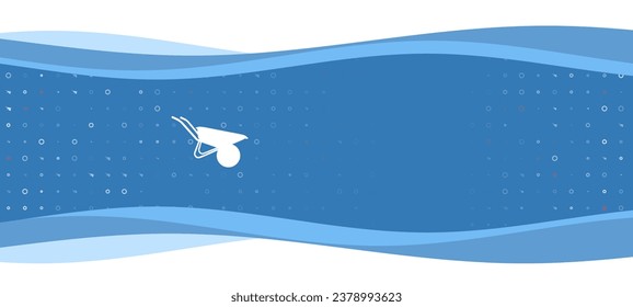Blue wavy banner with a white garden wheelbarrow symbol on the left. On the background there are small white shapes, some are highlighted in red. There is an empty space for text on the right side