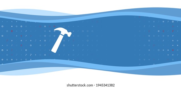 Blue wavy banner with a white hammer symbol on the left. On the background there are small white shapes, some are highlighted in red. There is an empty space for text on the right side