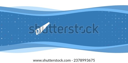 Blue wavy banner with a white hand saw symbol on the left. On the background there are small white shapes, some are highlighted in red. There is an empty space for text on the right side