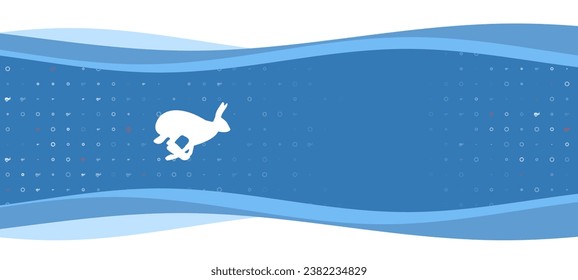 Banner ondulado azul con un símbolo de liebre blanca a la izquierda. En el fondo, hay pequeñas formas blancas, algunas de ellas rojas. Hay un espacio vacío para el texto en el lado derecho