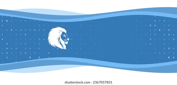 Blue wavy banner with a white lion head symbol on the left. On the background there are small white shapes, some are highlighted in red. There is an empty space for text on the right side