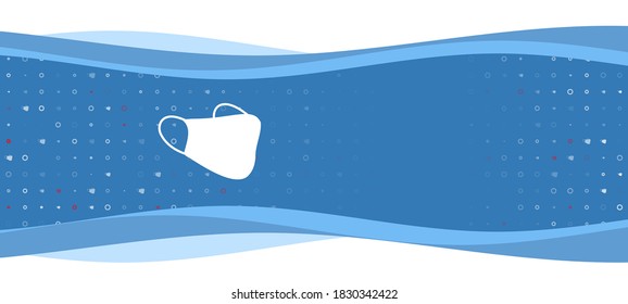 Blue wavy banner with a white mask symbol on the left. On the background there are small white shapes, some are highlighted in red. There is an empty space for text on the right side