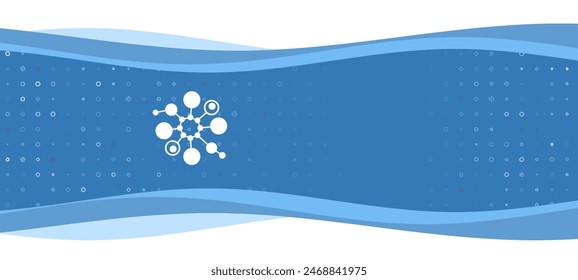 Blue wavy banner with a white molecule symbol on the left. On the background there are small white shapes, some are highlighted in red. There is an empty space for text on the right side