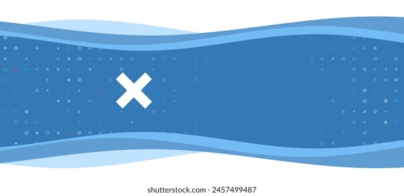 Blue wavy banner with a white multiplication symbol on the left. On the background there are small white shapes, some are highlighted in red. There is an empty space for text on the right side