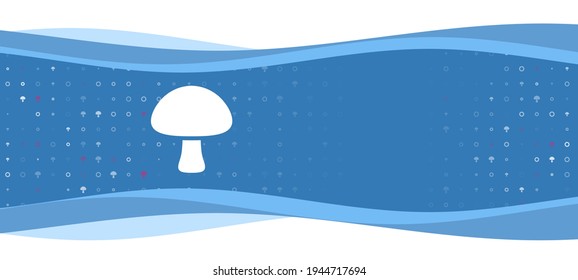 Blue wavy banner with a white mushroom symbol on the left. On the background there are small white shapes, some are highlighted in red. There is an empty space for text on the right side