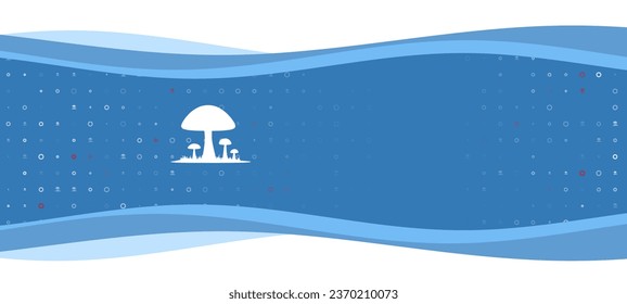 Blue wavy banner with a white mushrooms symbol on the left. On the background there are small white shapes, some are highlighted in red. There is an empty space for text on the right side