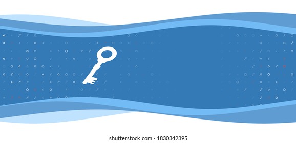 Blue wavy banner with a white old key symbol on the left. On the background there are small white shapes, some are highlighted in red. There is an empty space for text on the right side