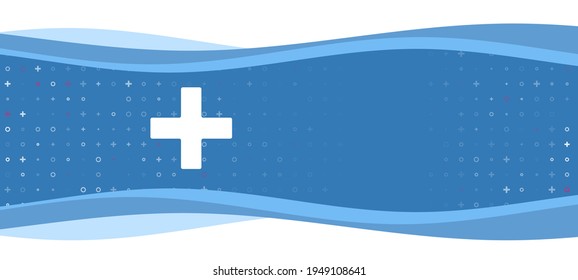 Banner ondulado azul con un símbolo blanco más a la izquierda. En el fondo, hay pequeñas formas blancas, algunas de ellas rojas. Hay un espacio vacío para el texto en el lado derecho