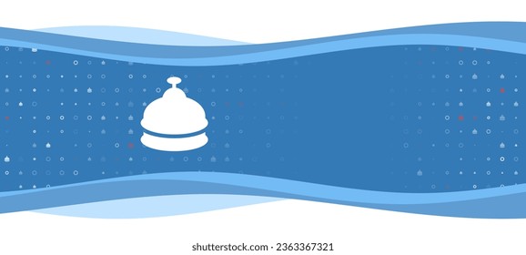 Blue wavy banner with a white reception bell symbol on the left. On the background there are small white shapes, some are highlighted in red. There is an empty space for text on the right side