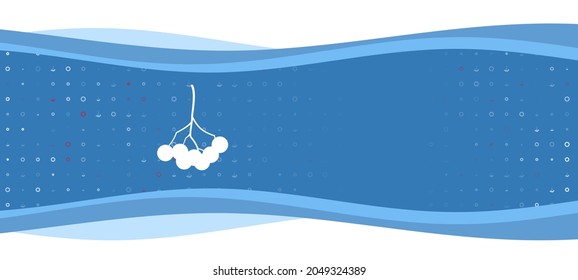 Blue wavy banner with a white rowan berry symbol on the left. On the background there are small white shapes, some are highlighted in red. There is an empty space for text on the right side