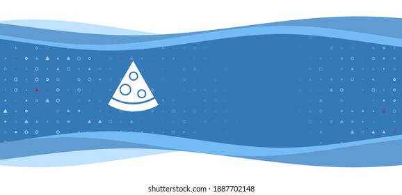 Blue wavy banner with a white slice of pizza symbol on the left. On the background there are small white shapes, some are highlighted in red. There is an empty space for text on the right side