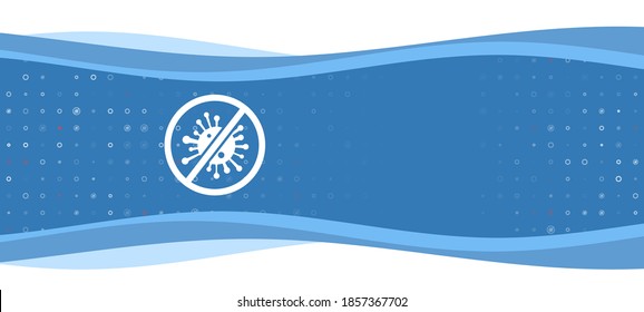 Blue wavy banner with a white stop coronavirus symbol on the left. On the background there are small white shapes, some are highlighted in red. There is an empty space for text on the right side