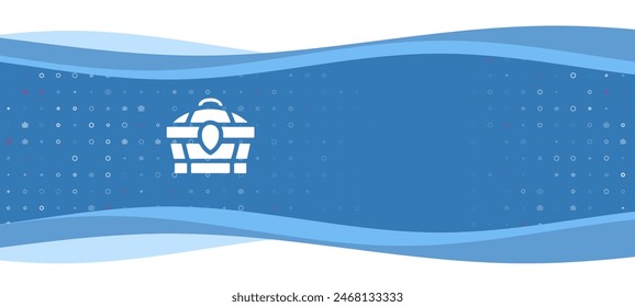 Blue wavy banner with a white treasure chest symbol on the left. On the background there are small white shapes, some are highlighted in red. There is an empty space for text on the right side