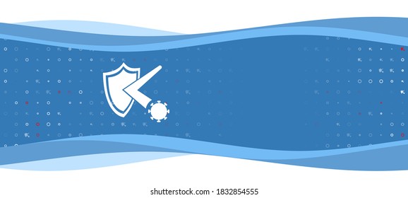 Blue wavy banner with a white virus bounces off the shield symbol on the left. On the background there are small white shapes, some are highlighted in red