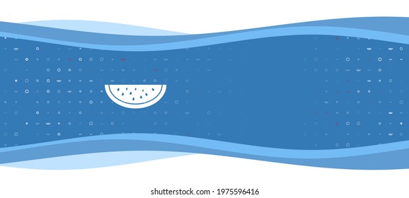 Blue wavy banner with a white watermelon piece symbol on the left. On the background there are small white shapes, some are highlighted in red. There is an empty space for text on the right side