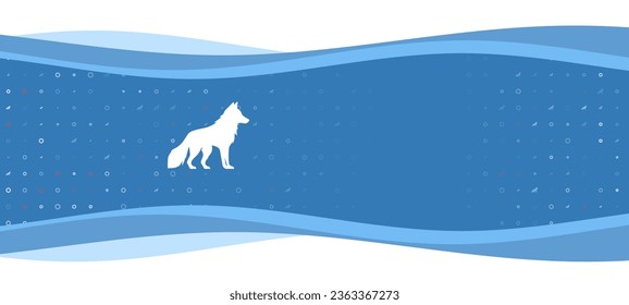 Banner ondulado azul con un símbolo de lobo blanco a la izquierda. En el fondo, hay pequeñas formas blancas, algunas de ellas rojas. Hay un espacio vacío para el texto en el lado derecho