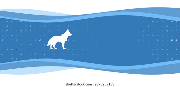 Blue wavy banner with a white wolf symbol on the left. On the background there are small white shapes, some are highlighted in red. There is an empty space for text on the right side