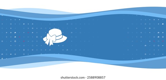 Blue wavy banner with a white women's hat symbol on the left. On the background there are small white shapes, some are highlighted in red. There is an empty space for text on the right side