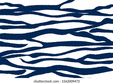 Blue wavy brush stripes on white texture. Vector background. Navy, white zebra print