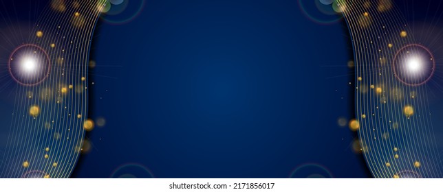 Blue wavy corporate background with golden lines and bokeh light. Vector design
