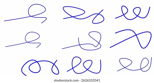 blue wavy curly lines collection. blue wavy line scribble collection. Swoosh, swash underline stroke set. Abstract wavy thin lines. Scribble elements.