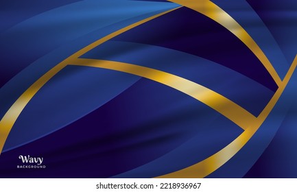Blue Wavy design background vector with golden shapes. Abstract wavy design texture background