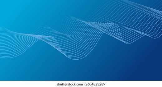 Blue wavy line technology background. Simple business blue background with flowing smooth wave line. Gradient lines tech data digital design for presentation, website, banner, ads, posters. 