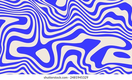 Blue wavy lines abstract background. Trendy psychedelic retro style backdrop. Waves, swirl and twirl pattern. Twisted distorted vector texture. Y2k aesthetic design