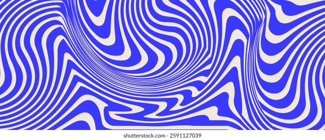 Blue wavy lines abstract background. Trendy psychedelic retro style backdrop. Waves, swirl and twirl pattern. Twisted distorted vector texture.