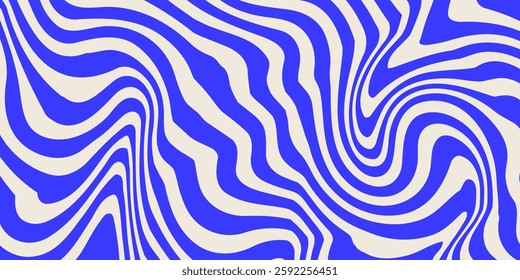 Blue wavy lines abstract background. Trendy psychedelic retro style backdrop. Waves, swirl and twirl pattern. Twisted distorted vector texture. Y2k aesthetic design