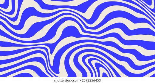 Blue wavy lines abstract background. Trendy psychedelic retro style backdrop. Waves, swirl and twirl pattern. Twisted distorted vector texture. Y2k aesthetic design